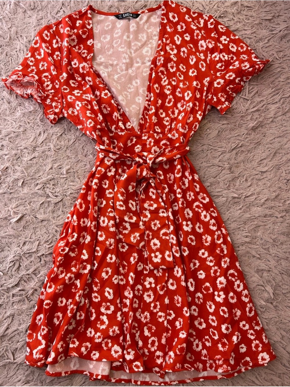 SHEIN Red Floral Wrap Mini Dress with Tie Waist